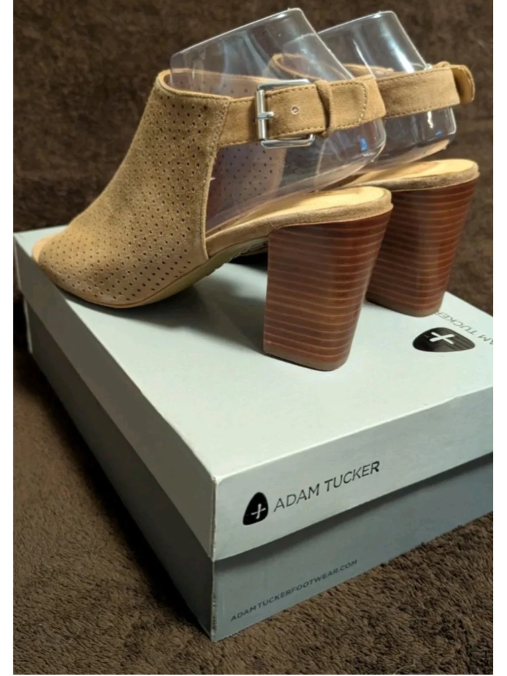 Adam Tucker Meridia-DS Peep Toe Block Heel Taupe Suede Size 10 N38 Women's Shoes
